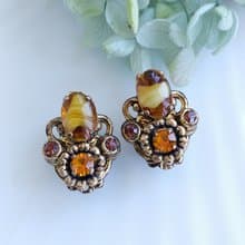 Vintage Jewelry 西洋古董飾品 西德製 優雅 琥珀色調  夾式耳環