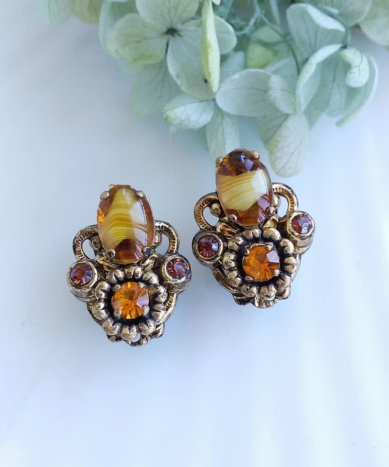 Vintage Jewelry 西洋古董飾品 西德製 優雅 琥珀色調  夾式耳環