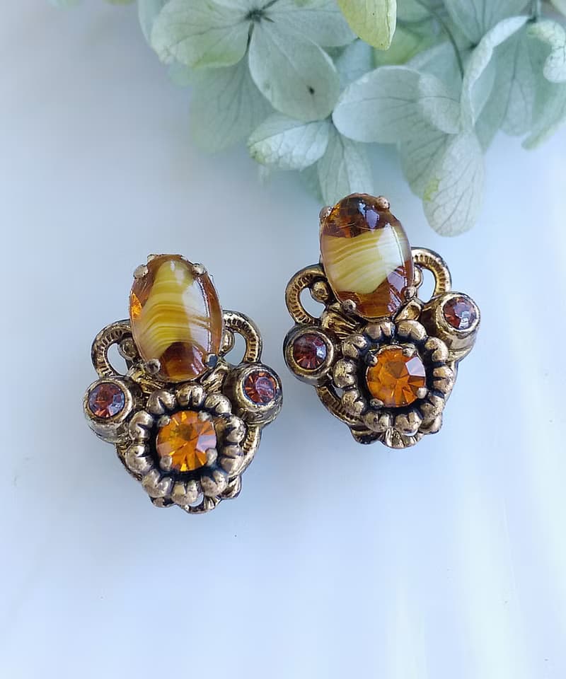 Vintage Jewelry 西洋古董飾品 西德製 優雅 琥珀色調  夾式耳環