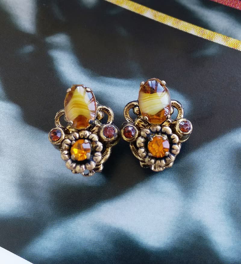 Vintage Jewelry 西洋古董飾品 西德製 優雅 琥珀色調  夾式耳環