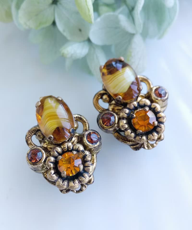 Vintage Jewelry 西洋古董飾品 西德製 優雅 琥珀色調  夾式耳環