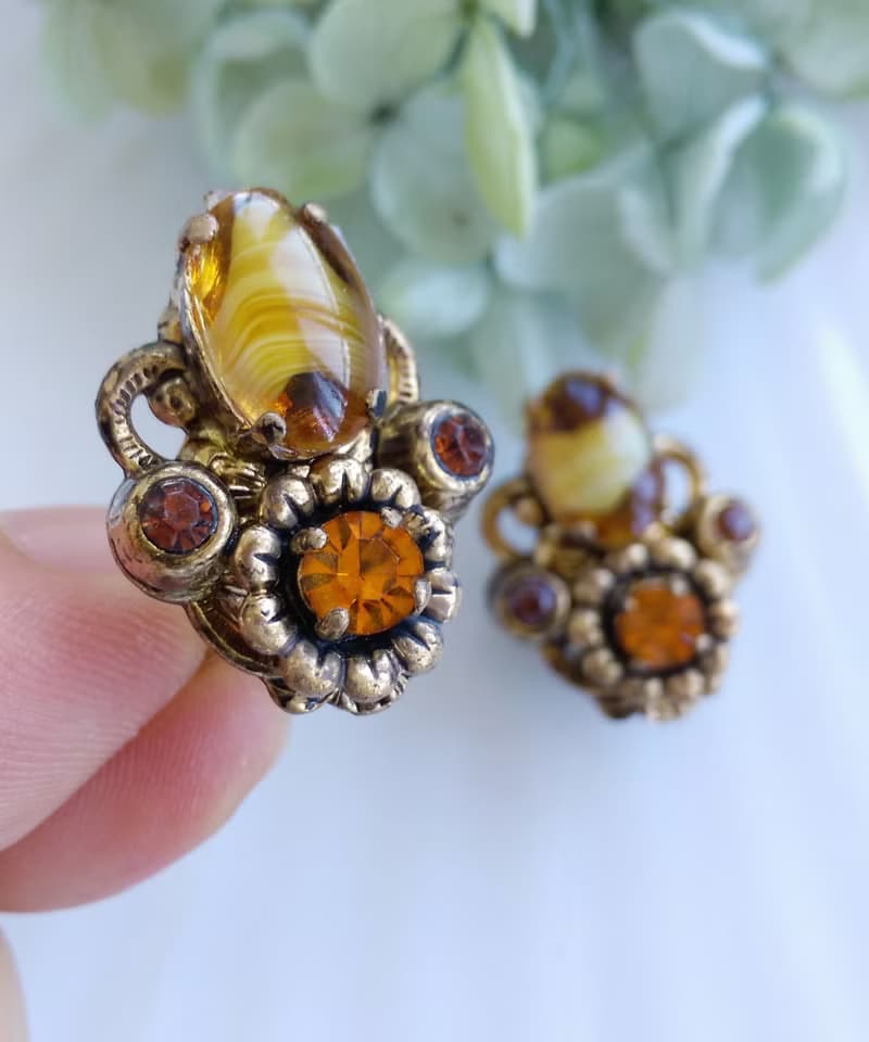 Vintage Jewelry 西洋古董飾品 西德製 優雅 琥珀色調  夾式耳環