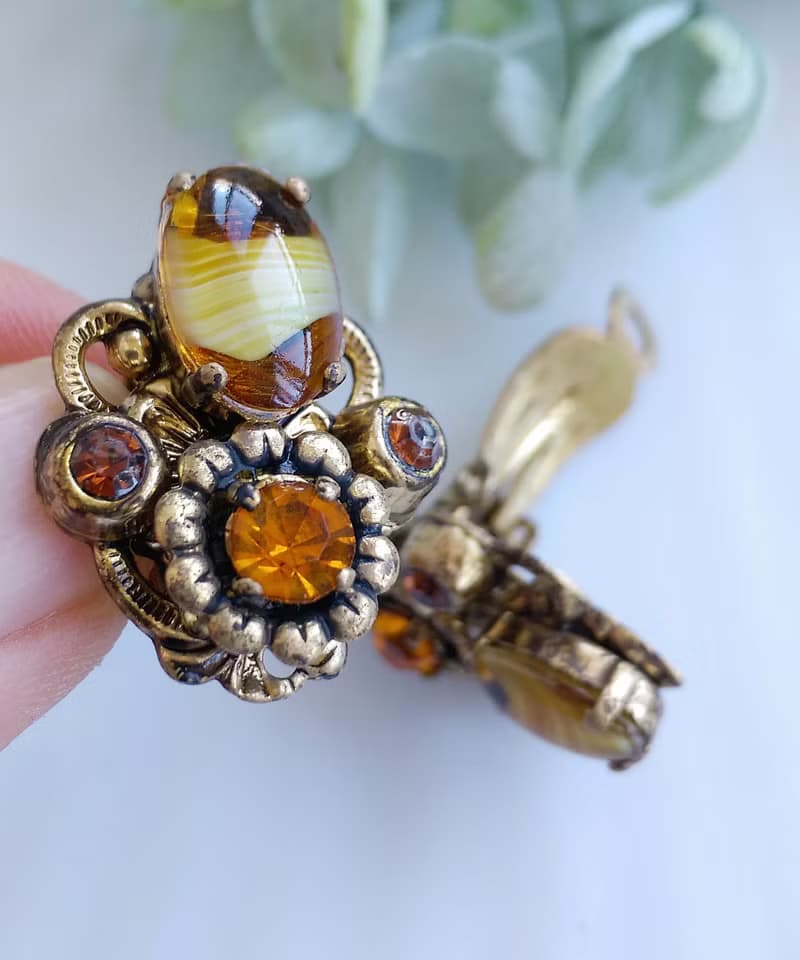 Vintage Jewelry 西洋古董飾品 西德製 優雅 琥珀色調  夾式耳環