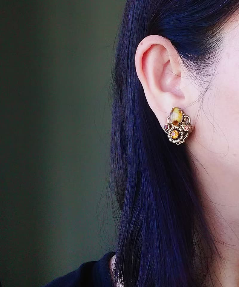 Vintage Jewelry 西洋古董飾品 西德製 優雅 琥珀色調  夾式耳環
