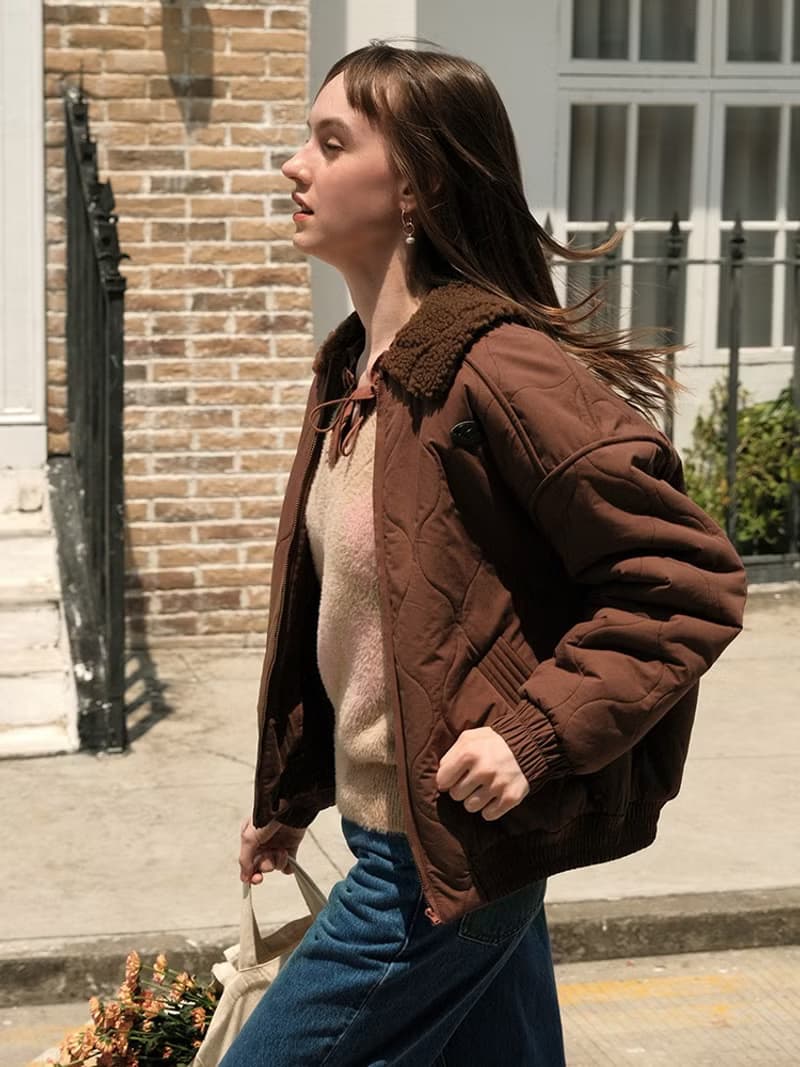 Mintcheese 復古巧克力棕絎棉毛領棉服短外套