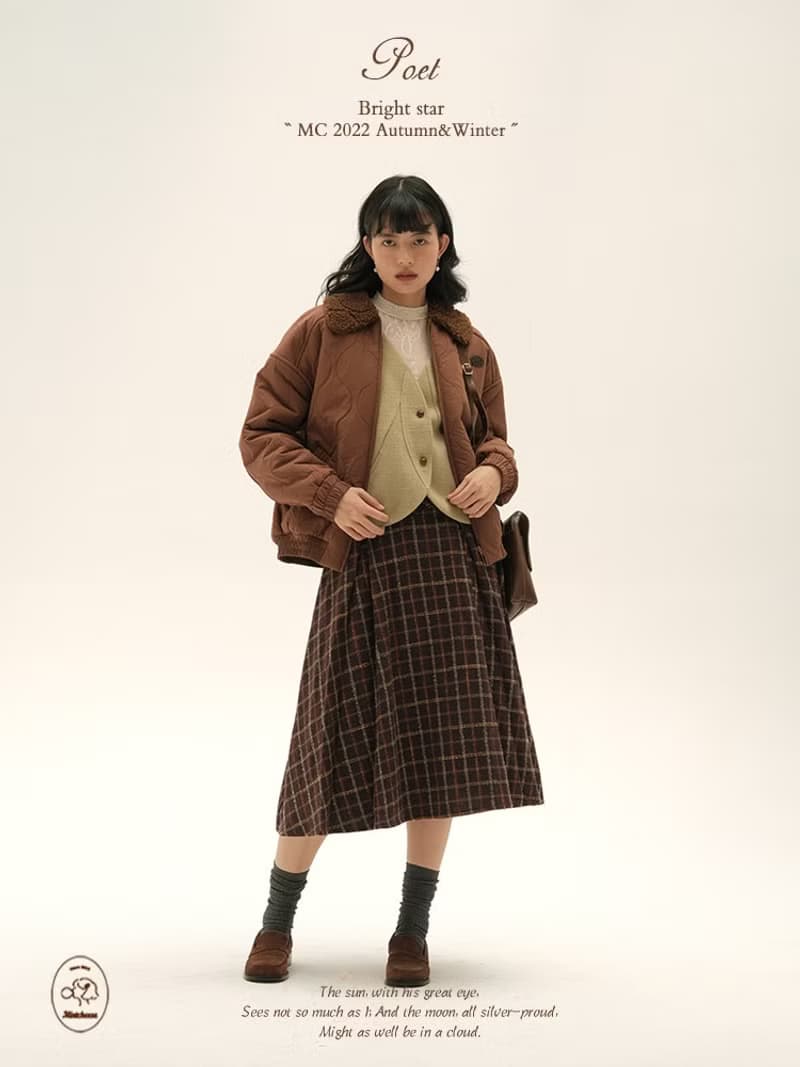 Mintcheese 復古巧克力棕絎棉毛領棉服短外套
