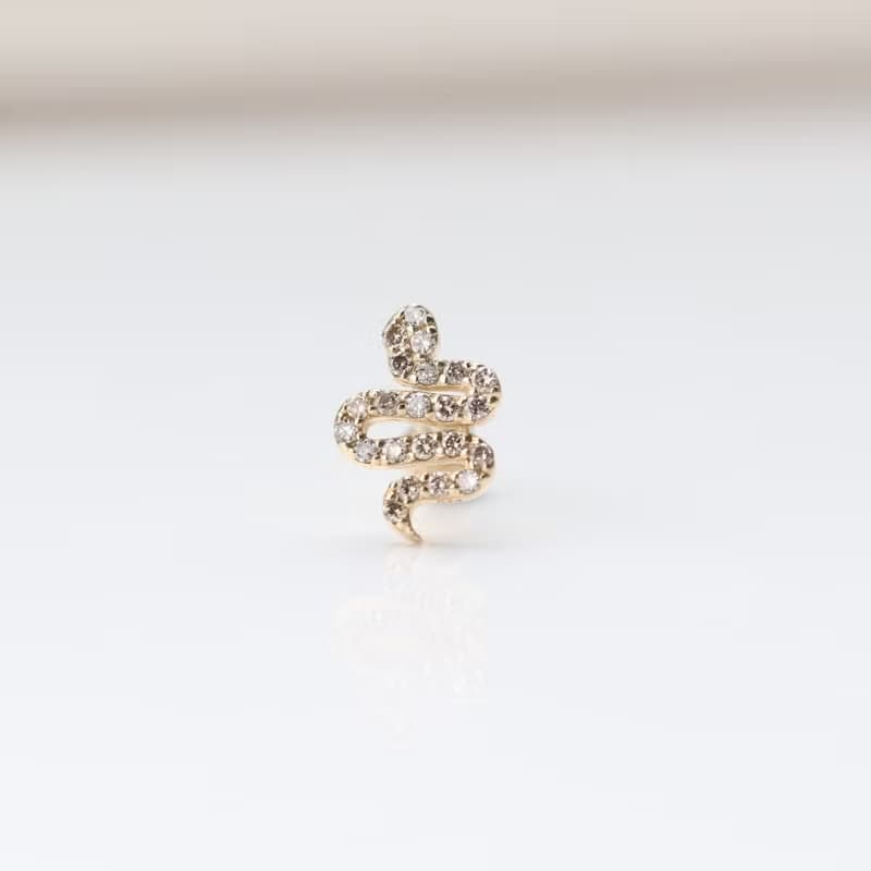 14K 鑽石小蛇鎖珠耳環 (單個)耳骨 耳窩 不退色