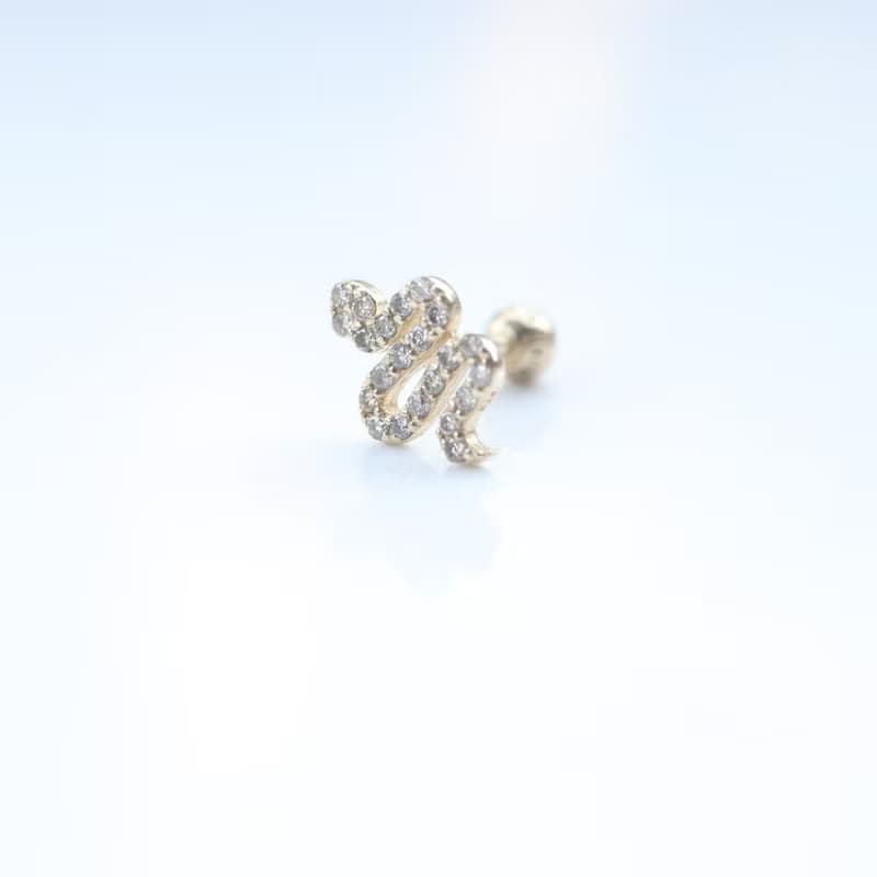 14K 鑽石小蛇鎖珠耳環 (單個)耳骨 耳窩 不退色