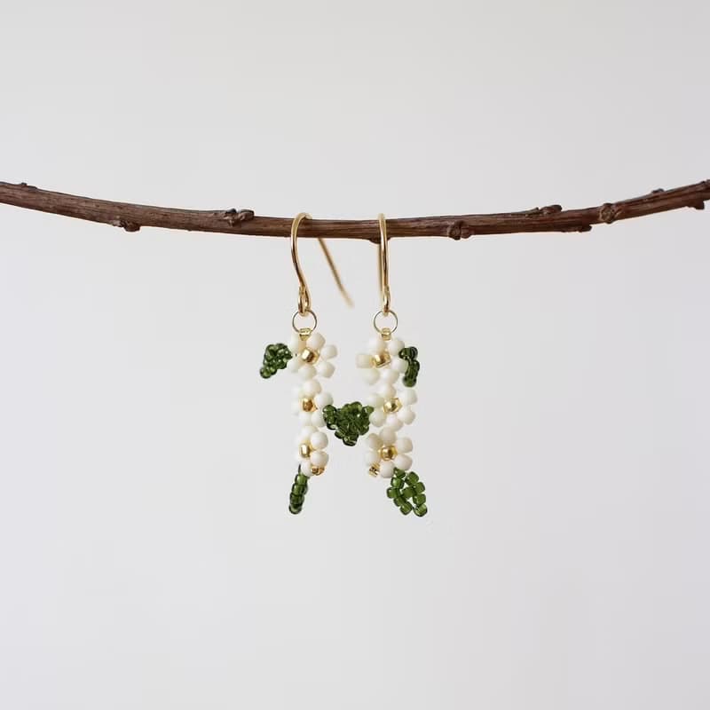 串珠耳飾_日日春/綠葉/beading earing