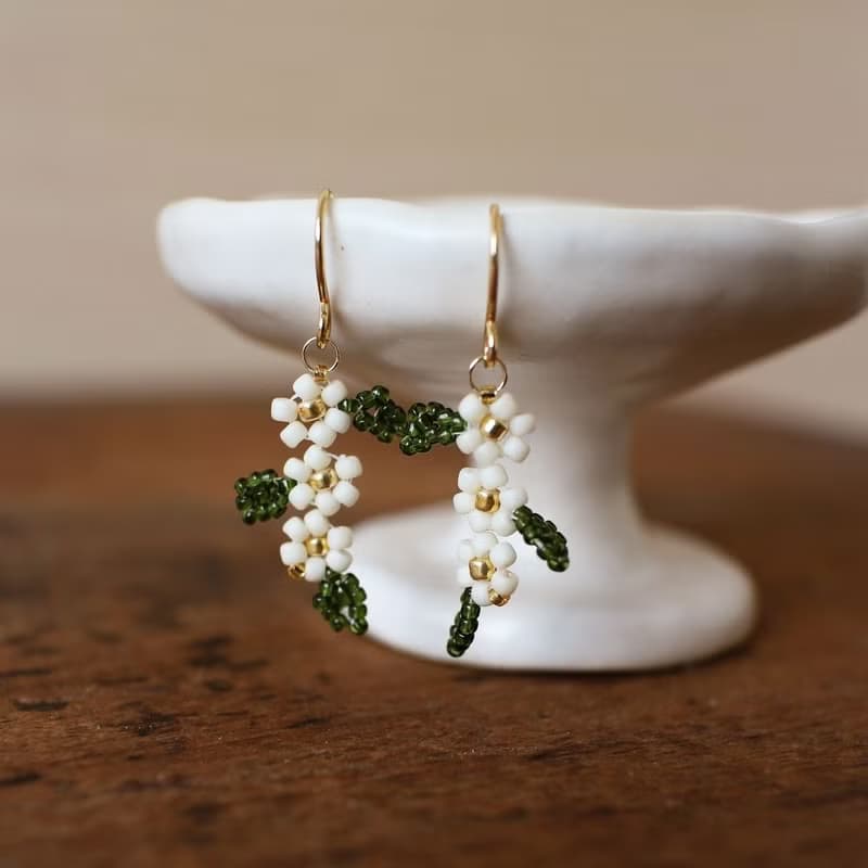串珠耳飾_日日春/綠葉/beading earing