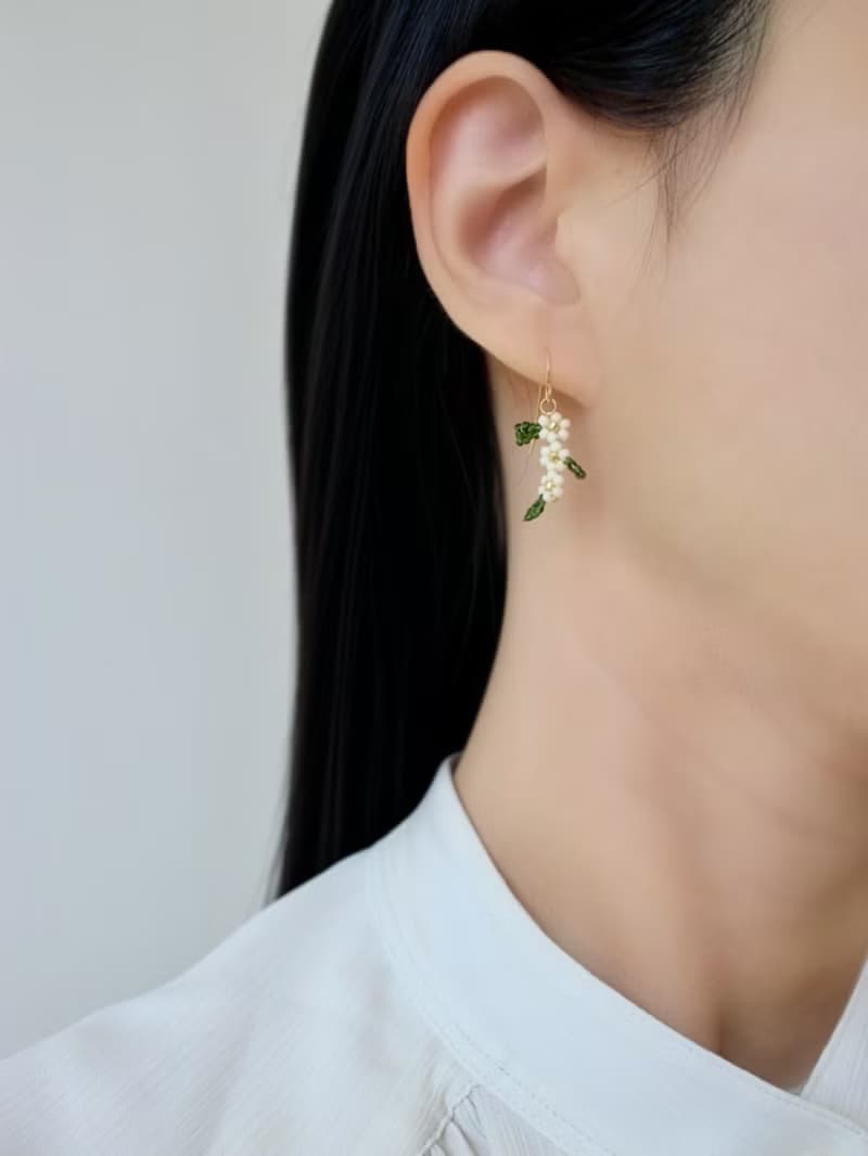 串珠耳飾_日日春/綠葉/beading earing