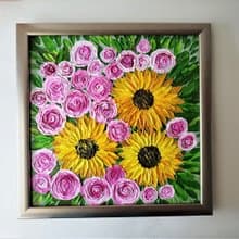 Handmade Acrylic Textured Painting Bouquet of Sunflowers and Roses Flower Art