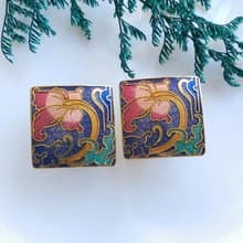 【西洋古董飾品 】景泰藍 藍底花卉 神話世界 夾式耳環