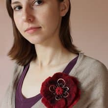 Red Wool Flower Shawl Pin, Unique Sweater Felt Accessory, Scarf Brooch Gift Idea
