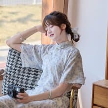 清新藍色 碎花蕾絲邊古法少女旗袍 新中式中秋春節改良連身裙洋裝