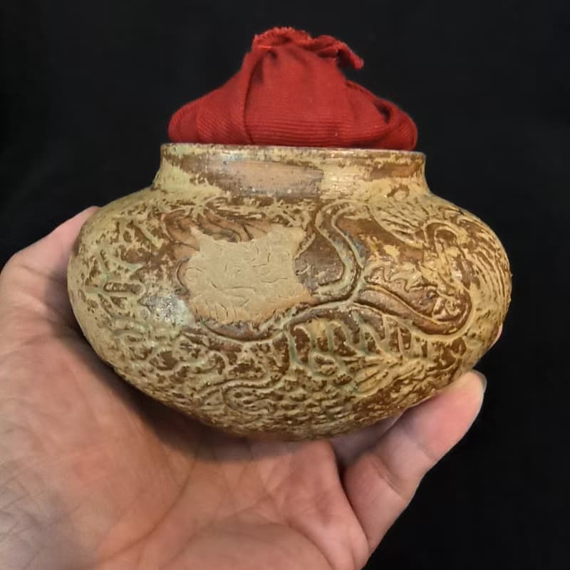 茶倉茶葉罐手作布蓋手拉胚刻有祥雲麒麟紋