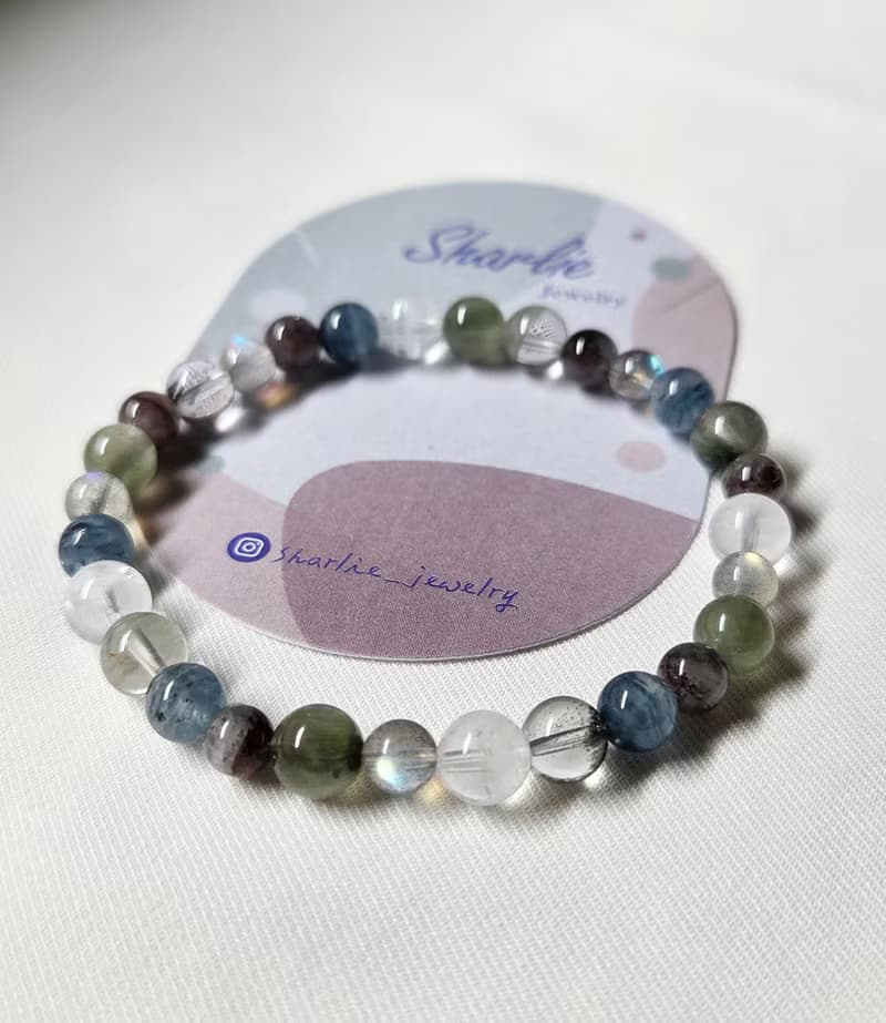 綠髮晶  高光拉長石 綠幽靈  藍兔毛 紫紅極光 白幽靈 水晶手鍊