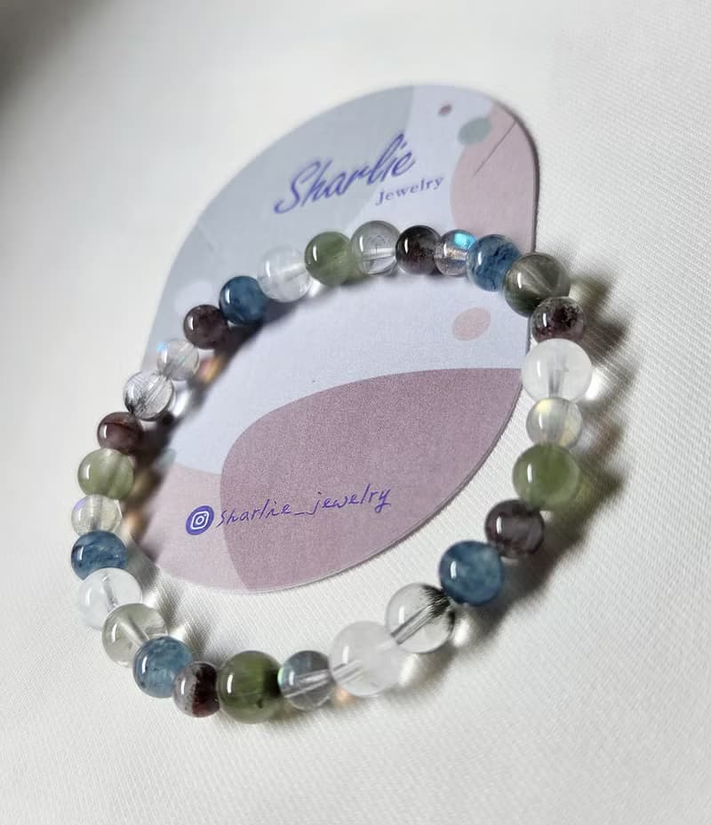 綠髮晶  高光拉長石 綠幽靈  藍兔毛 紫紅極光 白幽靈 水晶手鍊