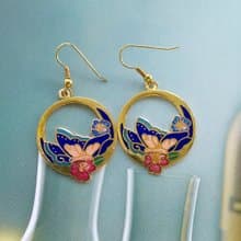 【西洋古董飾品 】景泰藍 蝶花戀 耳勾針 針式耳環