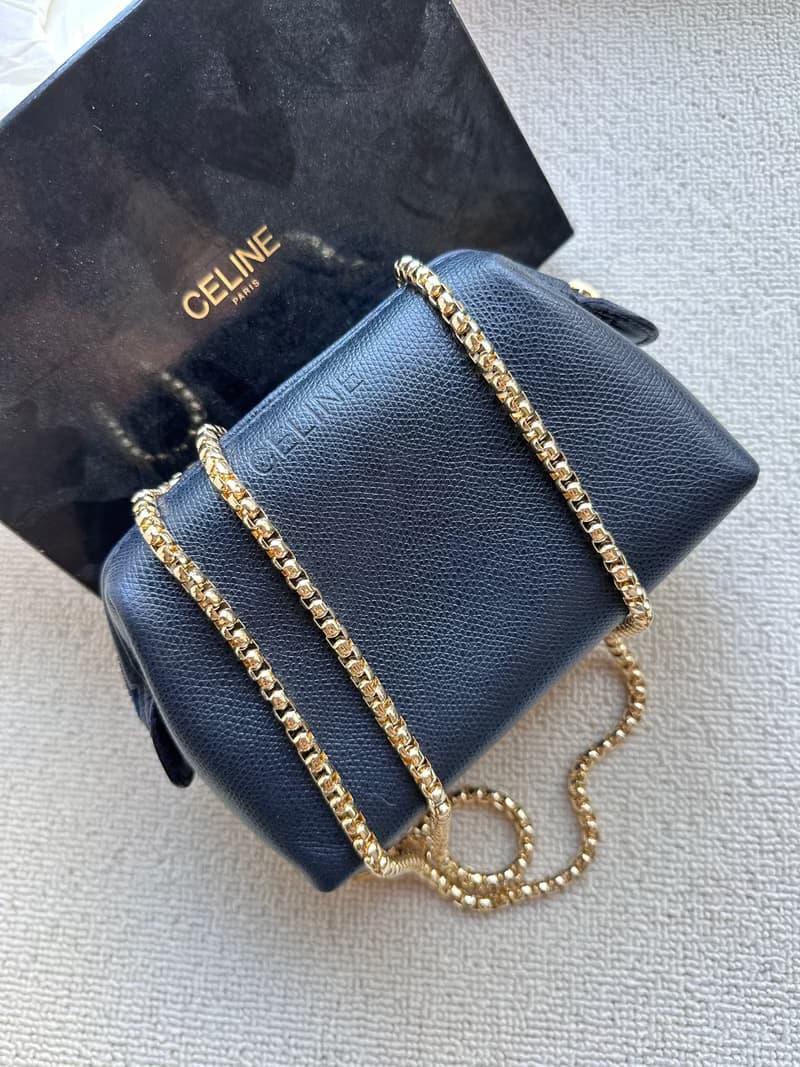 中古包 Vintage Celine 深藍色荔枝紋牛皮化妝包小斜揹包