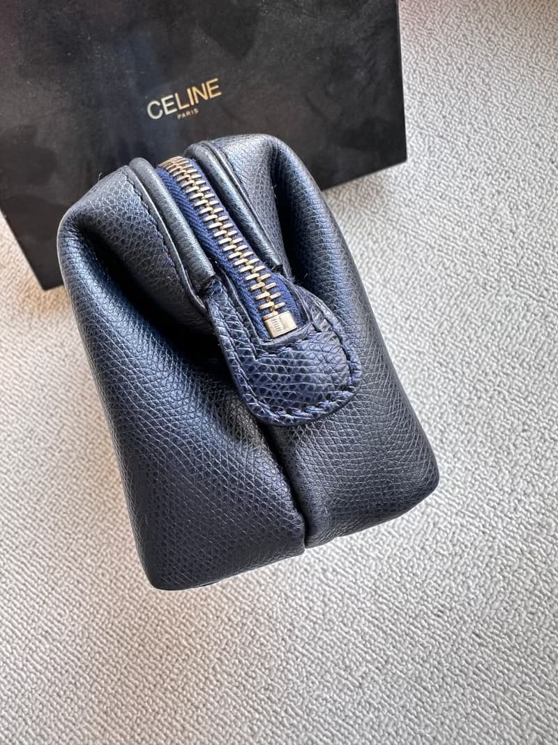 中古包 Vintage Celine 深藍色荔枝紋牛皮化妝包小斜揹包