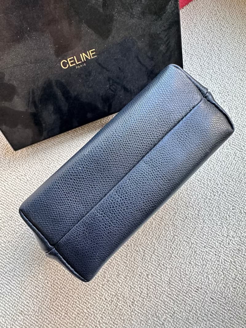 中古包 Vintage Celine 深藍色荔枝紋牛皮化妝包小斜揹包