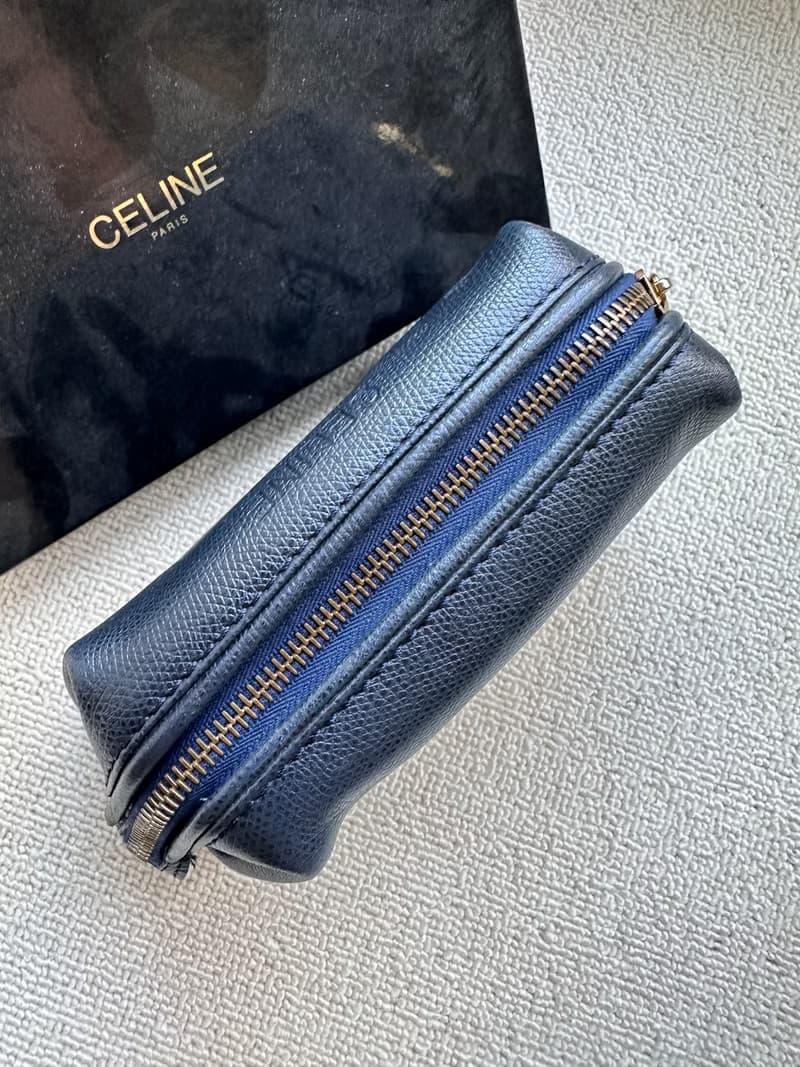 中古包 Vintage Celine 深藍色荔枝紋牛皮化妝包小斜揹包