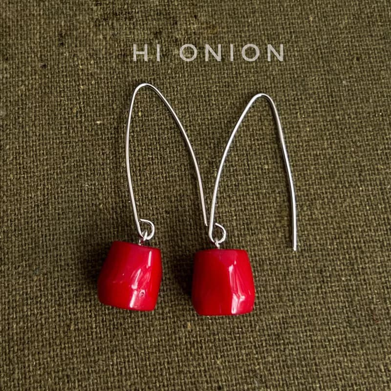 Hi onion還有明天 擦掉口紅 小眾設計純銀紅色長款耳環耳夾復古