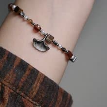 ll 秋語銀杏葉天然石手鍊 ll 虎眼石 橙石榴石 淡水珍珠 手鍊