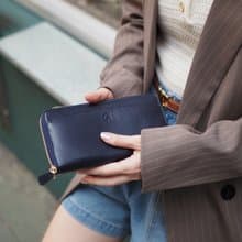 DOLLAR (Navy) : Zip around long wallet, cow leather, Navy blue wallet