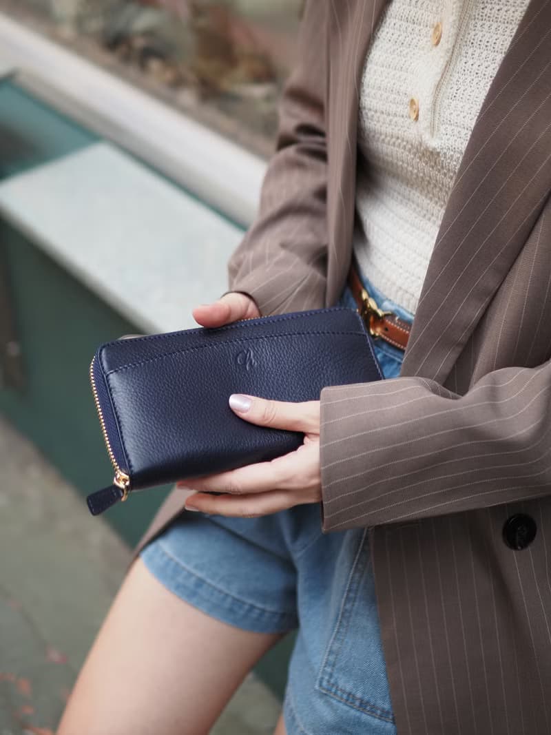 DOLLAR (Navy) : Zip around long wallet, cow leather, Navy blue wallet