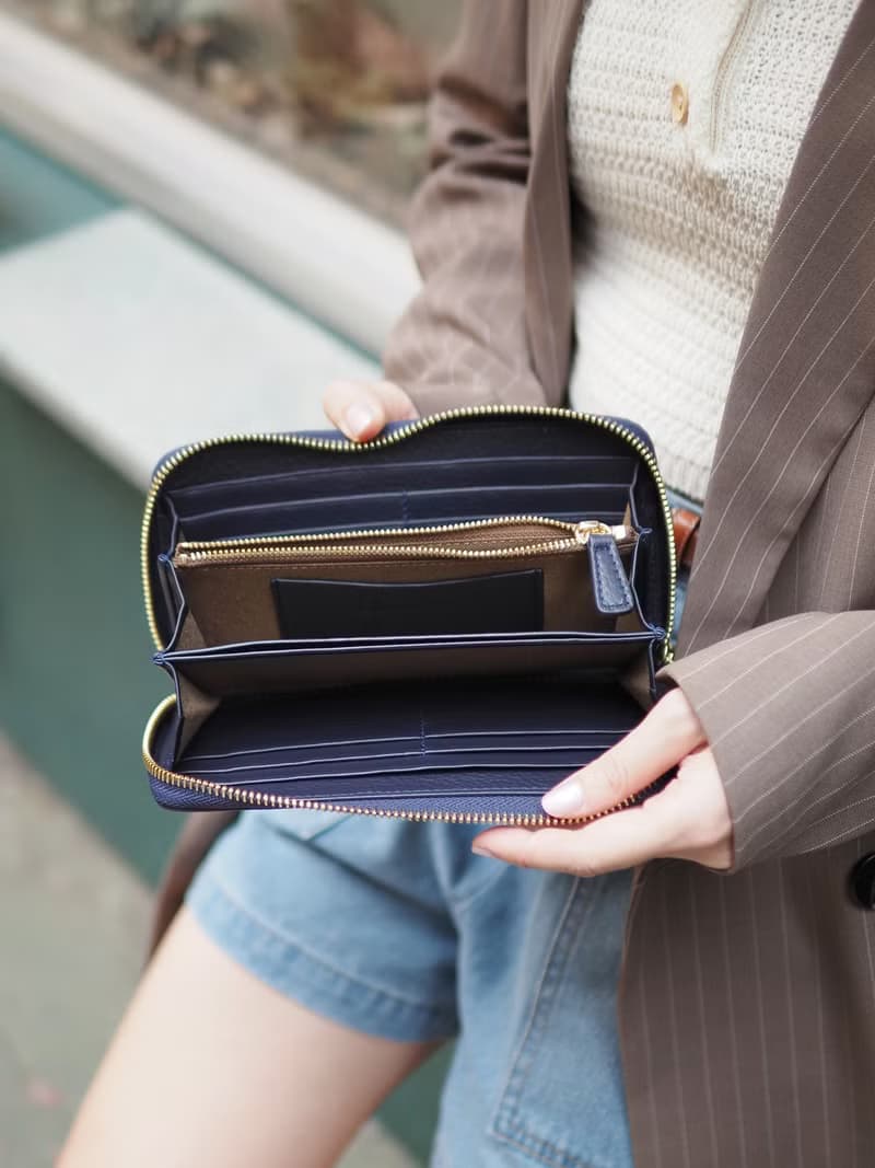 DOLLAR (Navy) : Zip around long wallet, cow leather, Navy blue wallet