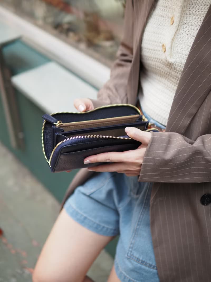 DOLLAR (Navy) : Zip around long wallet, cow leather, Navy blue wallet