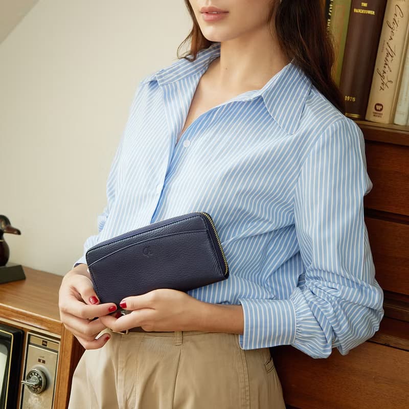DOLLAR (Navy) : Zip around long wallet, cow leather, Navy blue wallet