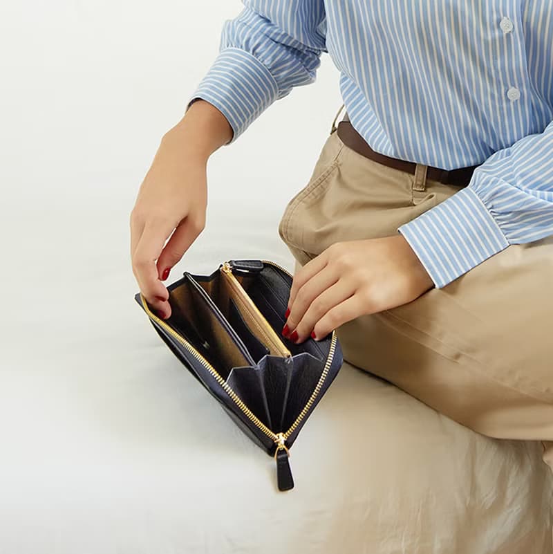 DOLLAR (Navy) : Zip around long wallet, cow leather, Navy blue wallet
