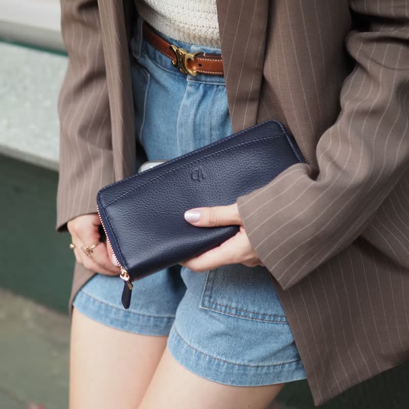 DOLLAR (Navy) : Zip around long wallet, cow leather, Navy blue wallet