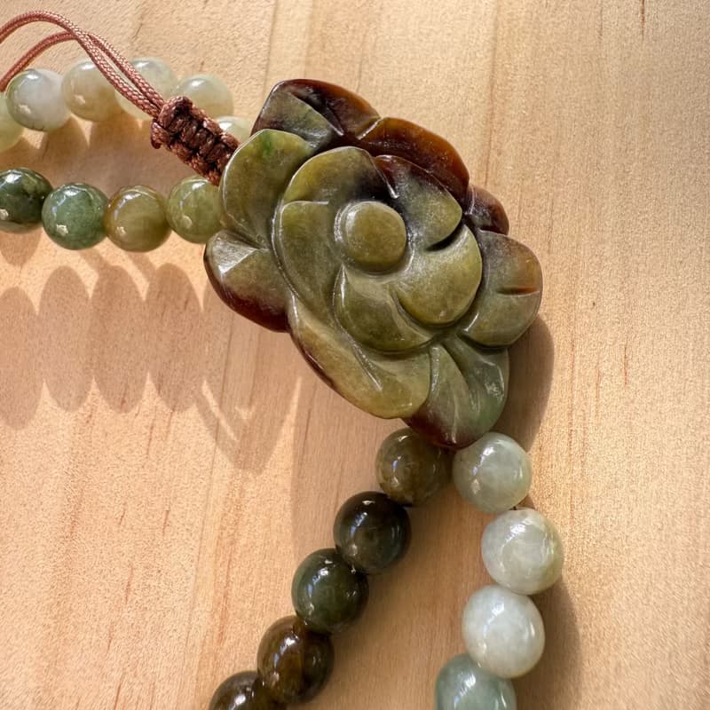 Handmade Jade Bracelet - Autumn Rose & Maple Leaf Semi-Bangle Bracelet