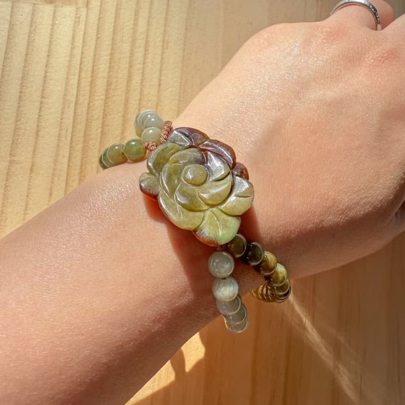 Handmade Jade Bracelet - Autumn Rose & Maple Leaf Semi-Bangle Bracelet