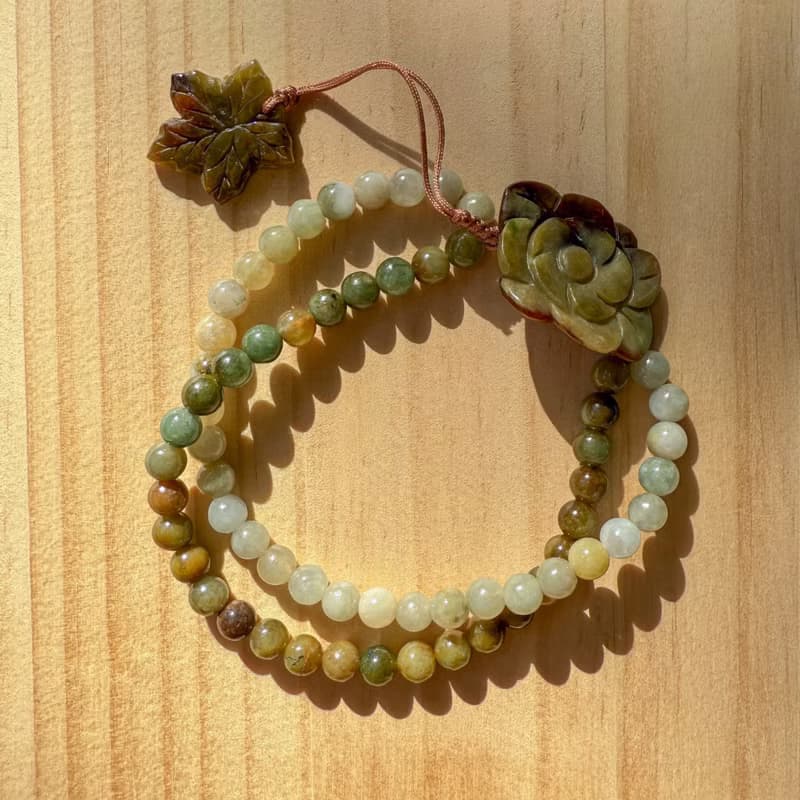 Handmade Jade Bracelet - Autumn Rose & Maple Leaf Semi-Bangle Bracelet