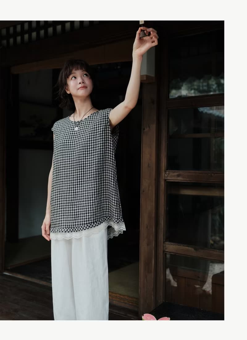 兩色格子色織亞麻小衫中長款