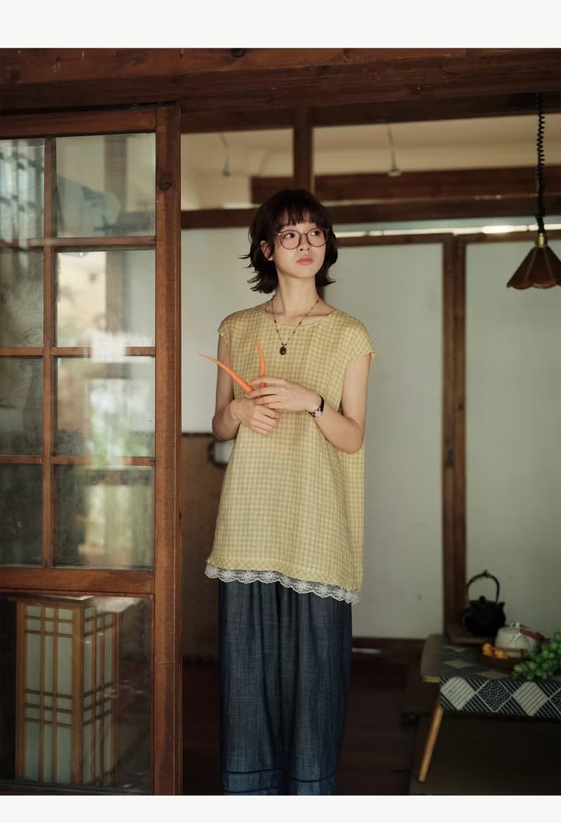 兩色格子色織亞麻小衫中長款
