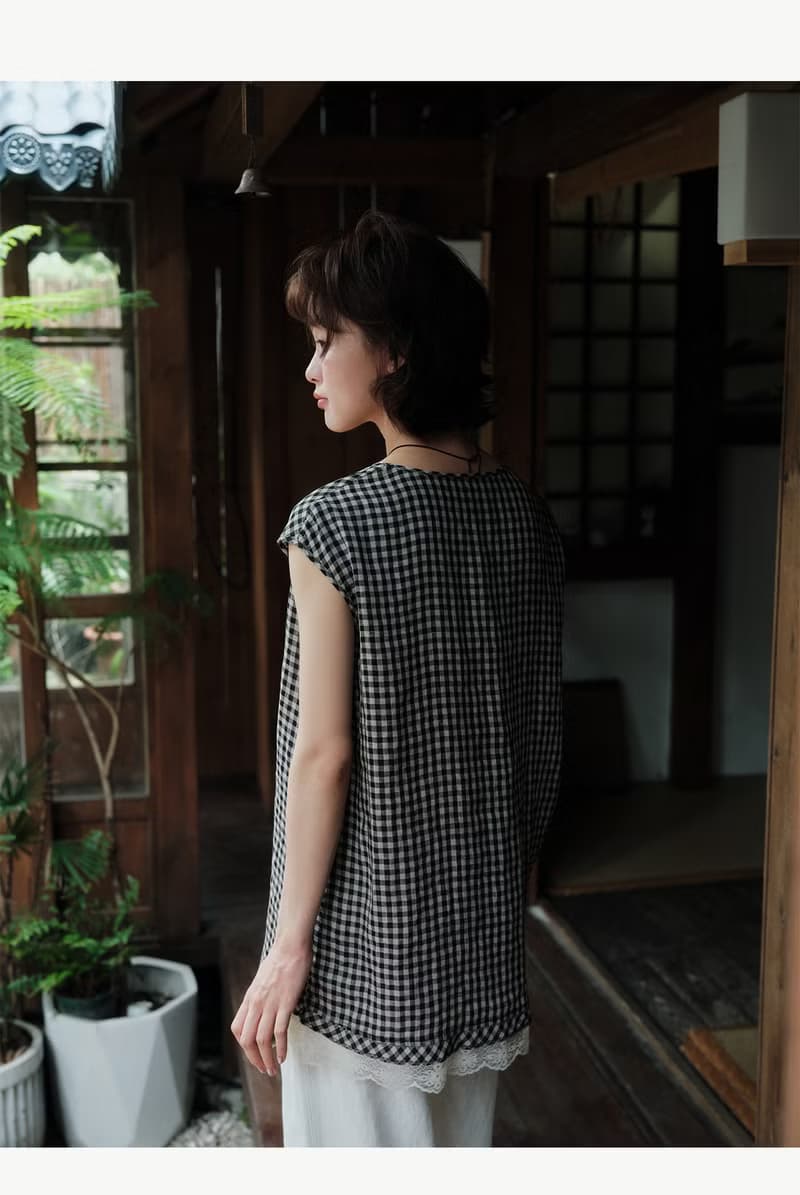 兩色格子色織亞麻小衫中長款