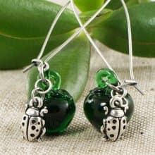 Green Apple Lampwork Glass Silver Ladybird Ladybug Dangle Drop Earrings Jewelry