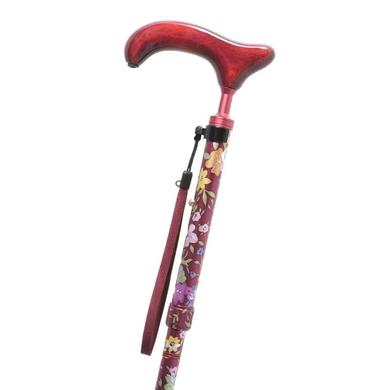 アルミスリムネック花柄・赤　-4つ折りタイプ 折りたたみ式アルミステッキ-