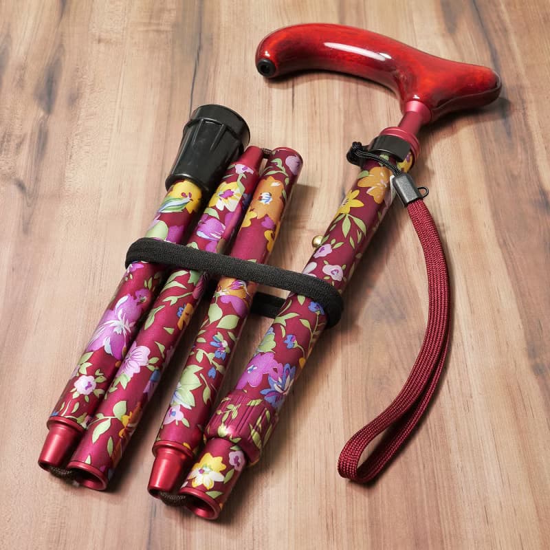 アルミスリムネック花柄・赤　-4つ折りタイプ 折りたたみ式アルミステッキ-