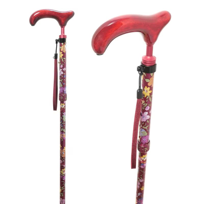 アルミスリムネック花柄・赤　-4つ折りタイプ 折りたたみ式アルミステッキ-