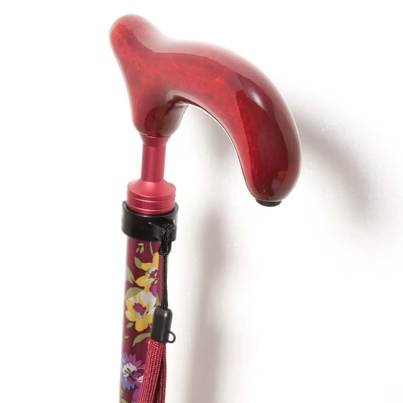 アルミスリムネック花柄・赤　-4つ折りタイプ 折りたたみ式アルミステッキ-