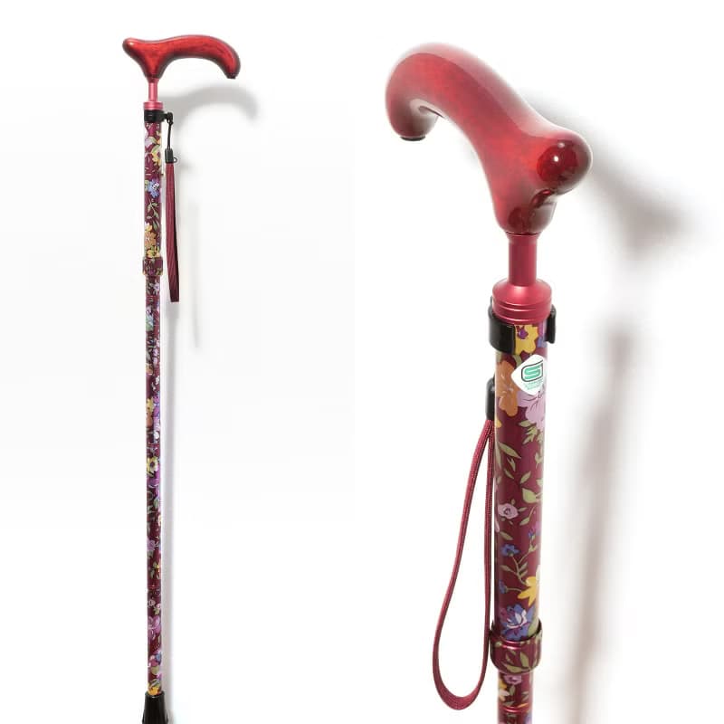 アルミスリムネック花柄・赤　-4つ折りタイプ 折りたたみ式アルミステッキ-