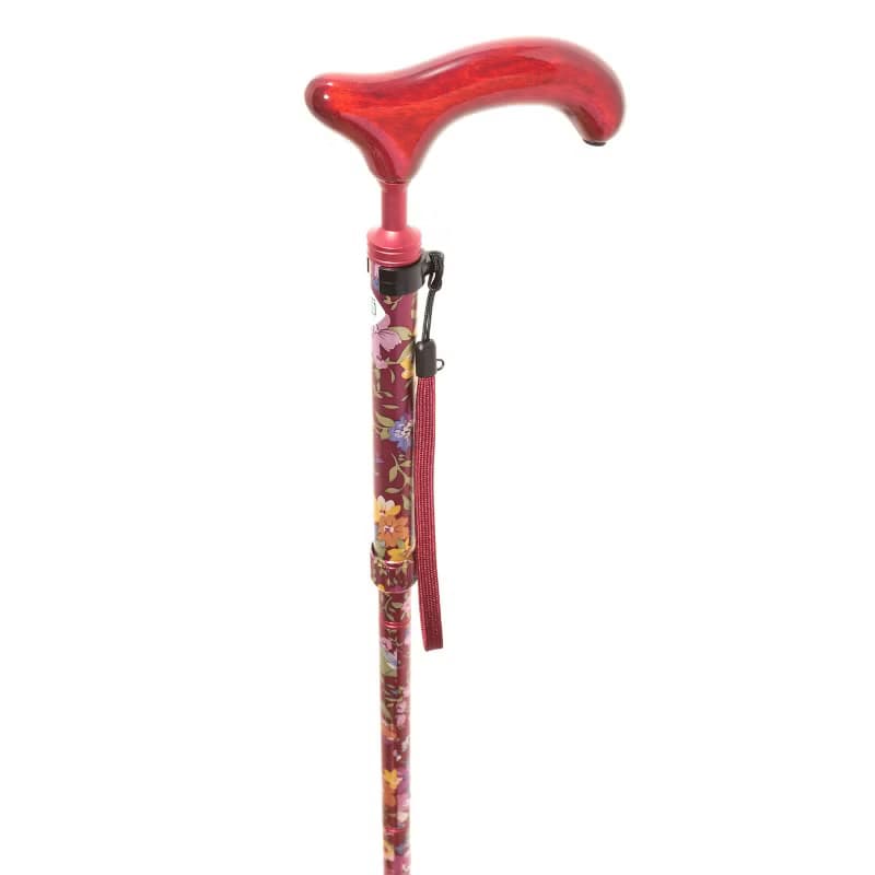アルミスリムネック花柄・赤　-4つ折りタイプ 折りたたみ式アルミステッキ-