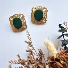 金色雕花框復古綠琺瑯夾式耳環/vintage美國西洋古董飾品